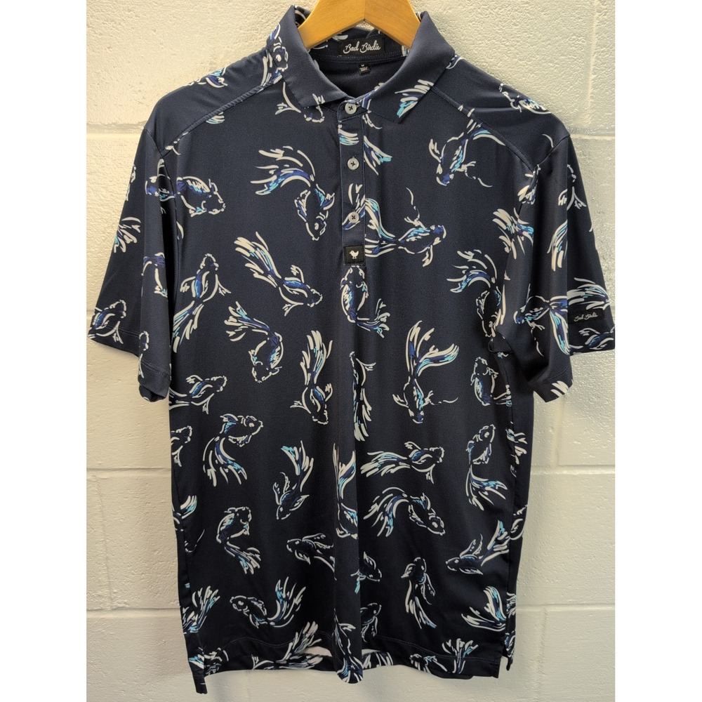BAD BIRDIE Men's M Golf Polo Koi Fish Print Blue Short Sleeve
